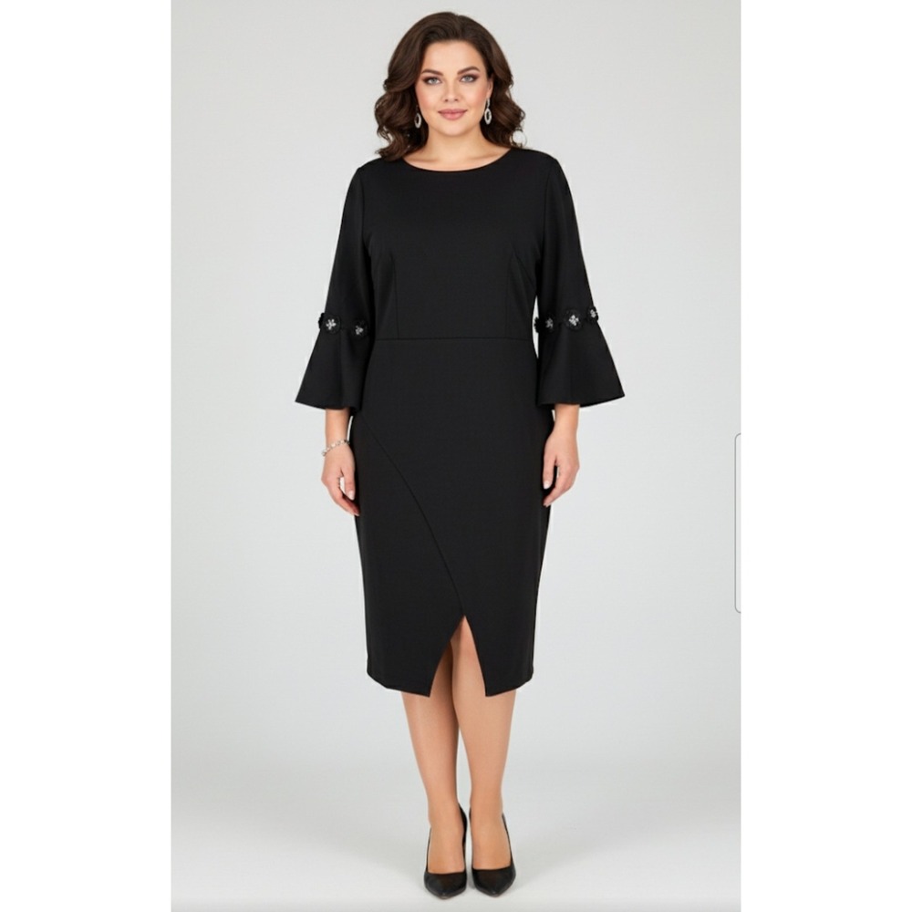 Misslook Sheath Dress Women 12 Black Floral Applique Bell Sleeve NEW